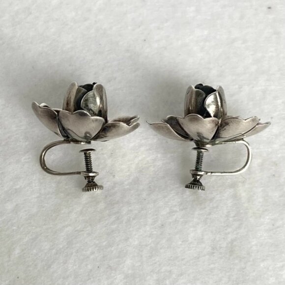 VTG Sterling Silver 925 0.89" 3D Oxidized Layered Flower Screw Back Earrings 8g - Picture 15 of 16